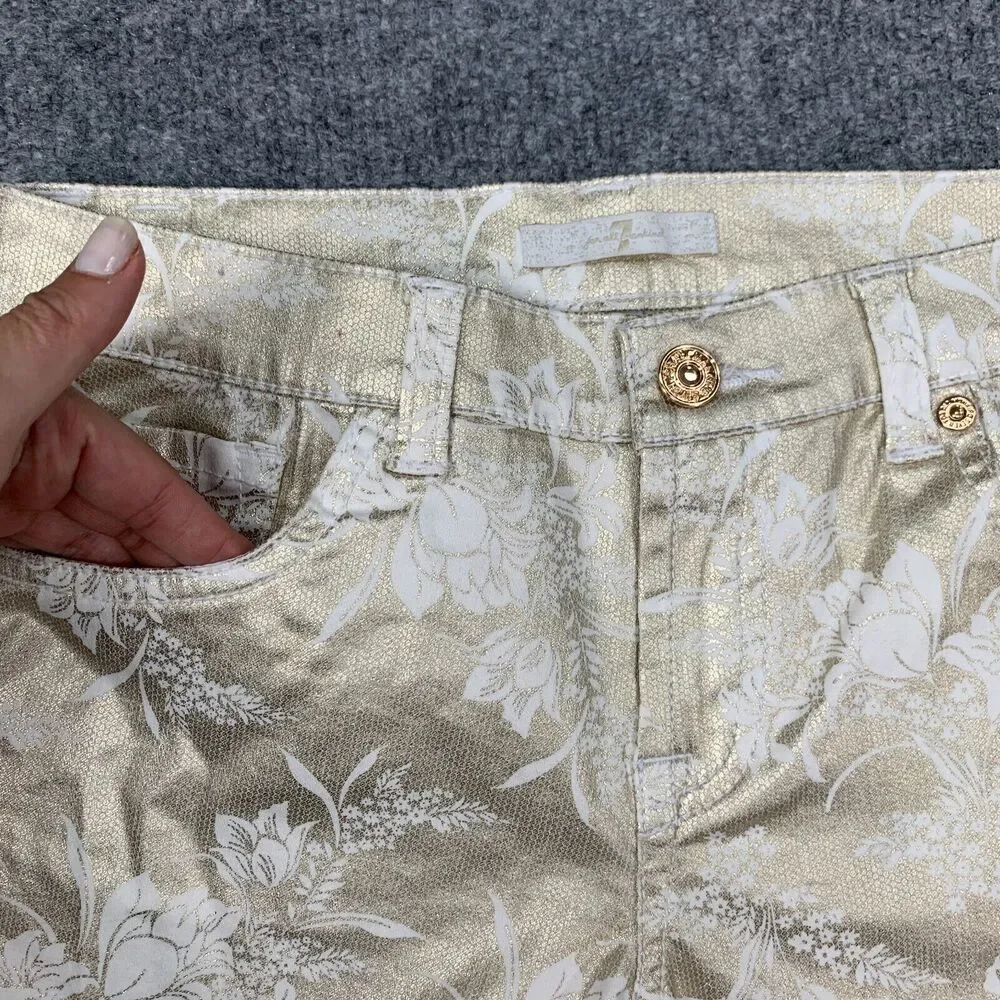 7 For All Mankind Metallic Shorts Girls 12 Gold White Floral Stretch Pockets
